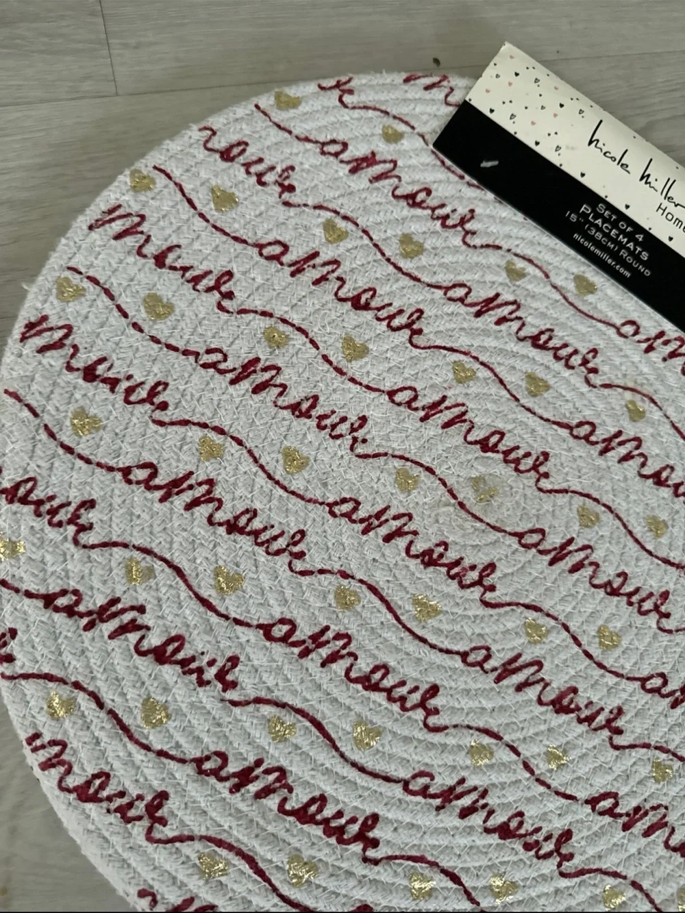 Nicole Miller White Braided Placemat with Red Script and Gold Hearts set of 4